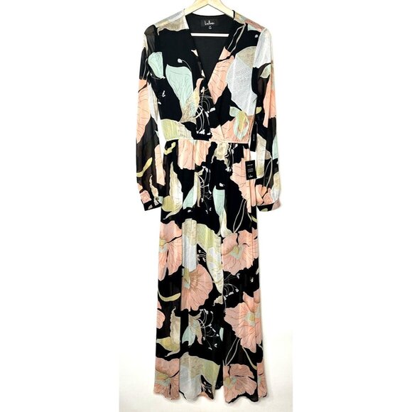 Lulus Womens Dress Floral Maxi Long Sleeve Wondrous Water Lilies Black Medium - Picture 1 of 11